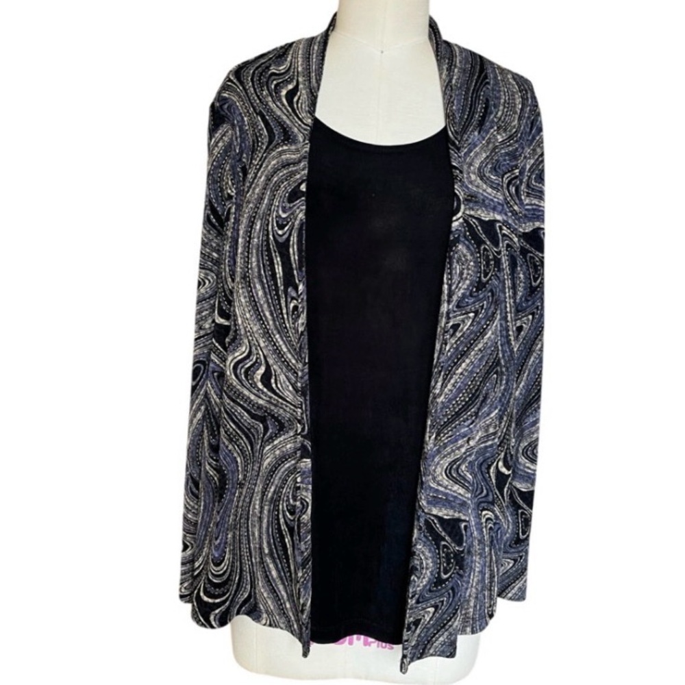 JM Collection Blue Black Metallic Marble Swirl Twinset Cardigan Flawed Gem M $65